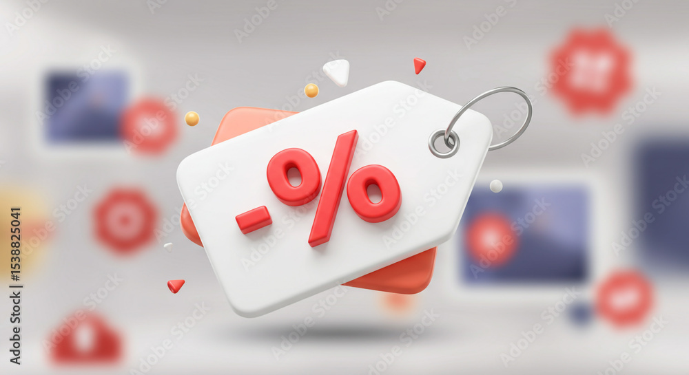 Poster a stylized image showing a white price tag with a red percentage sign floating in the air on a gray 