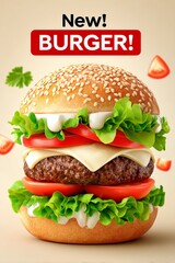  hamburguesa, queso, carne, salsa, lechuga, tomate, pan, sabroso, comida rápida, fondo claro, publicidad, jugoso, burger, ingredientes, promoción

