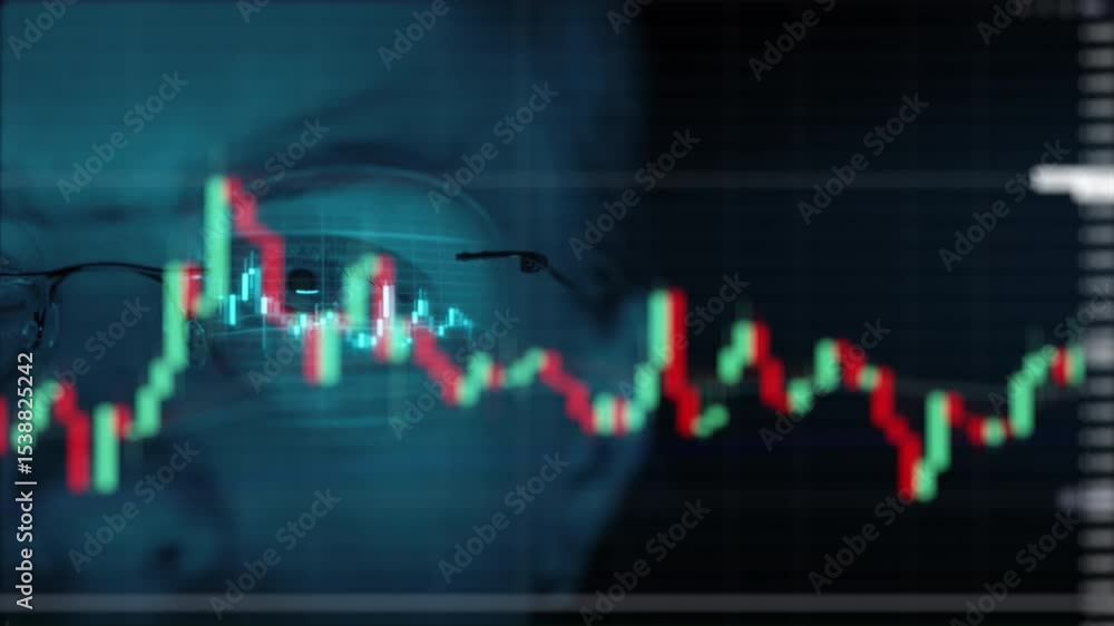 Poster trader wearing glasses is working on laptop computer. screen with stock market charts and bitcoin bt