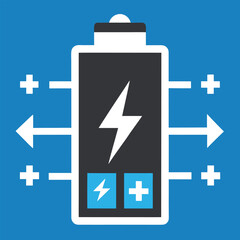 Fototapeta premium Black and white battery icon with lightning bolt and arrows on blue background vector