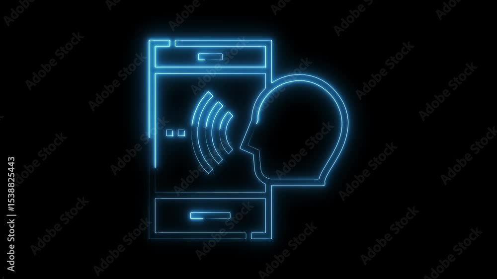 Poster neon smartphone with voice recognition interface on black background for technology concepts