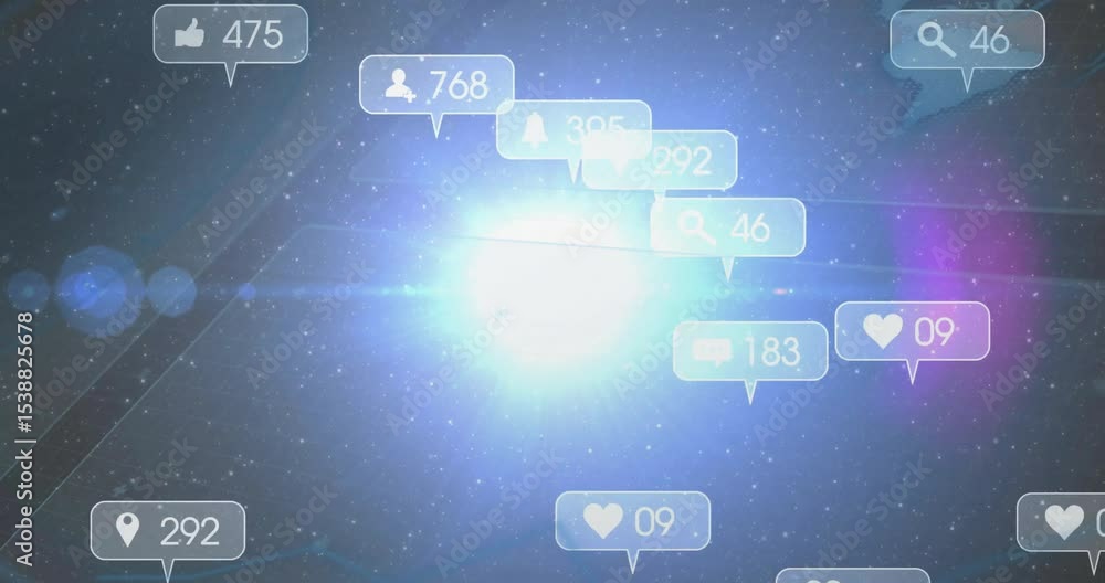 Poster white orb flaring, spawning social callouts and pulsing grid lines, visualizing global network