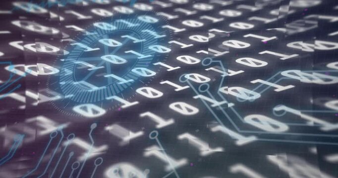With clip starting code scrolling rotating hexagon forming fingerprint linking blue circuit lines