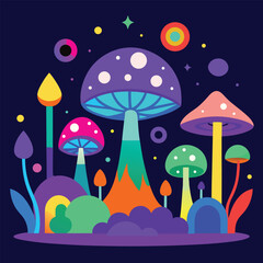 Psychedelic Fantasy Mushroom Forest Vector Illustration