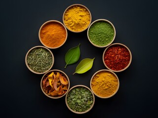Nine Small Bowls of Colorful Spices and Herbs on Black Background