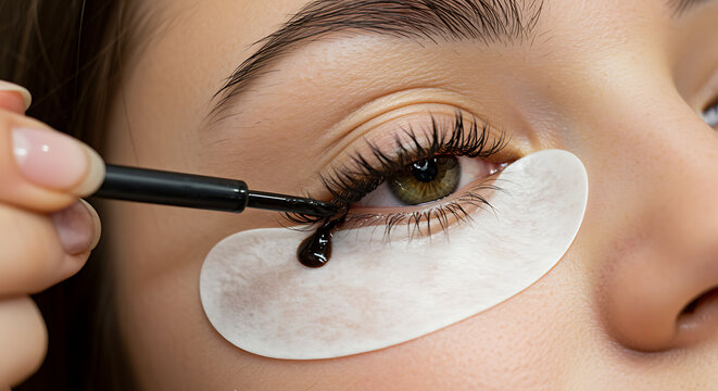 Closeup of lash lift procedure with dark dye