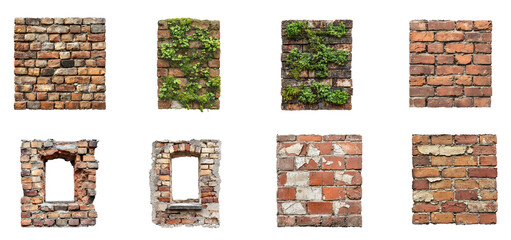 Collection of brick wall at sunset, with the warm golden light from the setting sun highlighting the texture and shadows of the bricks. isolate on transparent background