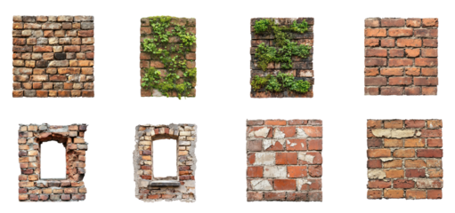 Collection of brick wall at sunset, with the warm golden light from the setting sun highlighting the texture and shadows of the bricks. isolate on transparent background