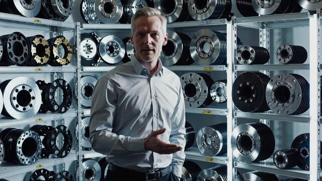 Confident auto parts expert presenting products in warehouse