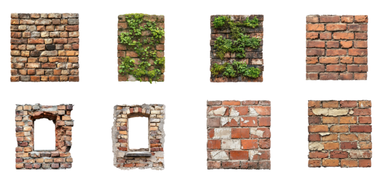 Collection of brick wall at sunset, with the warm golden light from the setting sun highlighting the texture and shadows of the bricks. isolate on transparent background