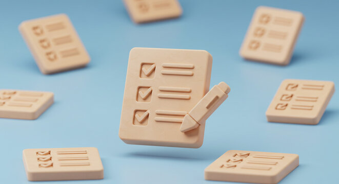 A minimalist illustration of several to do list icons with check marks on a light blue background