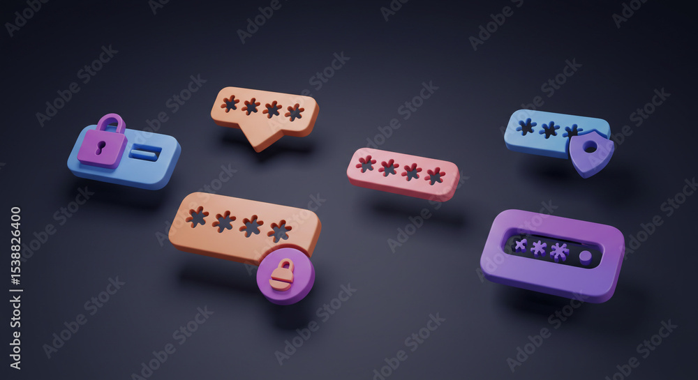 Poster a digital illustration of password security with colorful blocks and asterisks on a dark background