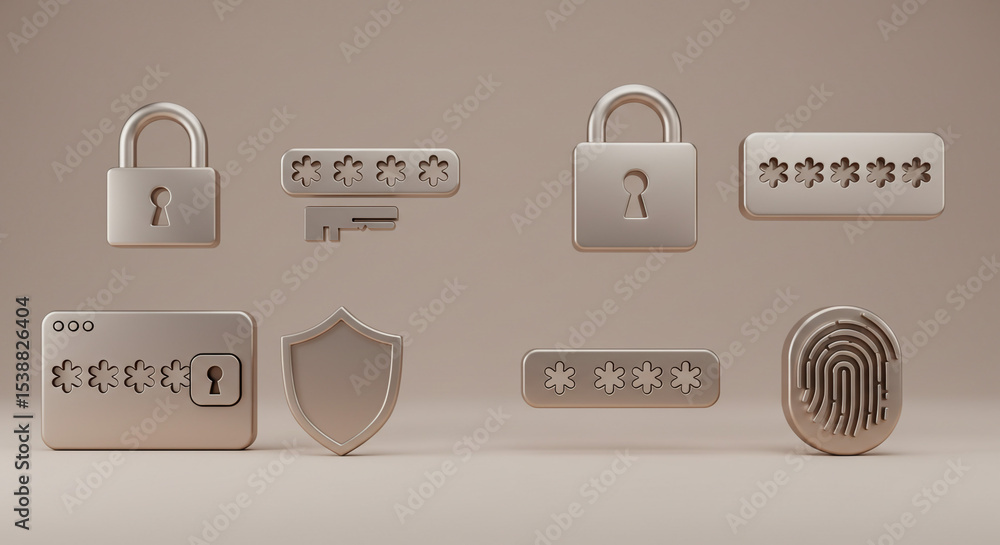 Poster a collection of silver security icons including locks passwords shields and a fingerprint scanner ic
