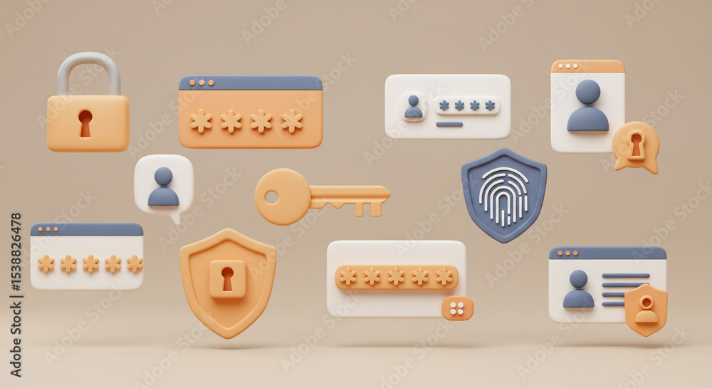Poster a collection of security icons including a padlock, key, shields, and password fields floating in sp