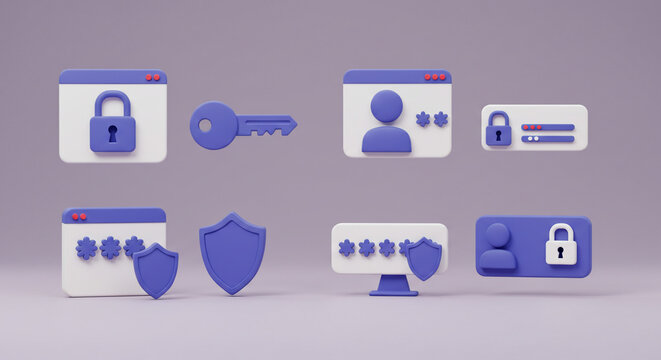 A collection of security icons including locks keys shields and login screens on a purple background