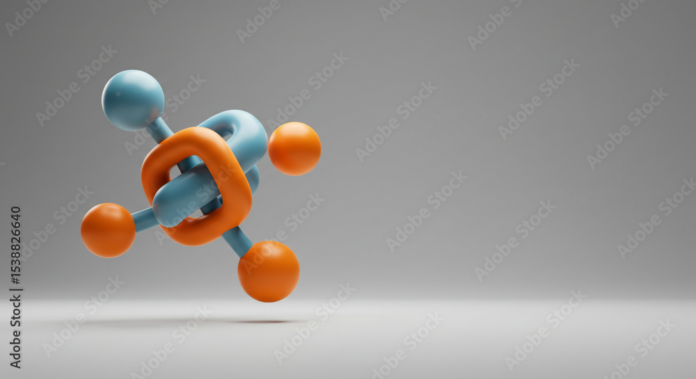 Poster a rendered image of a blue and orange abstract molecular structure on a light gray gradient backgrou