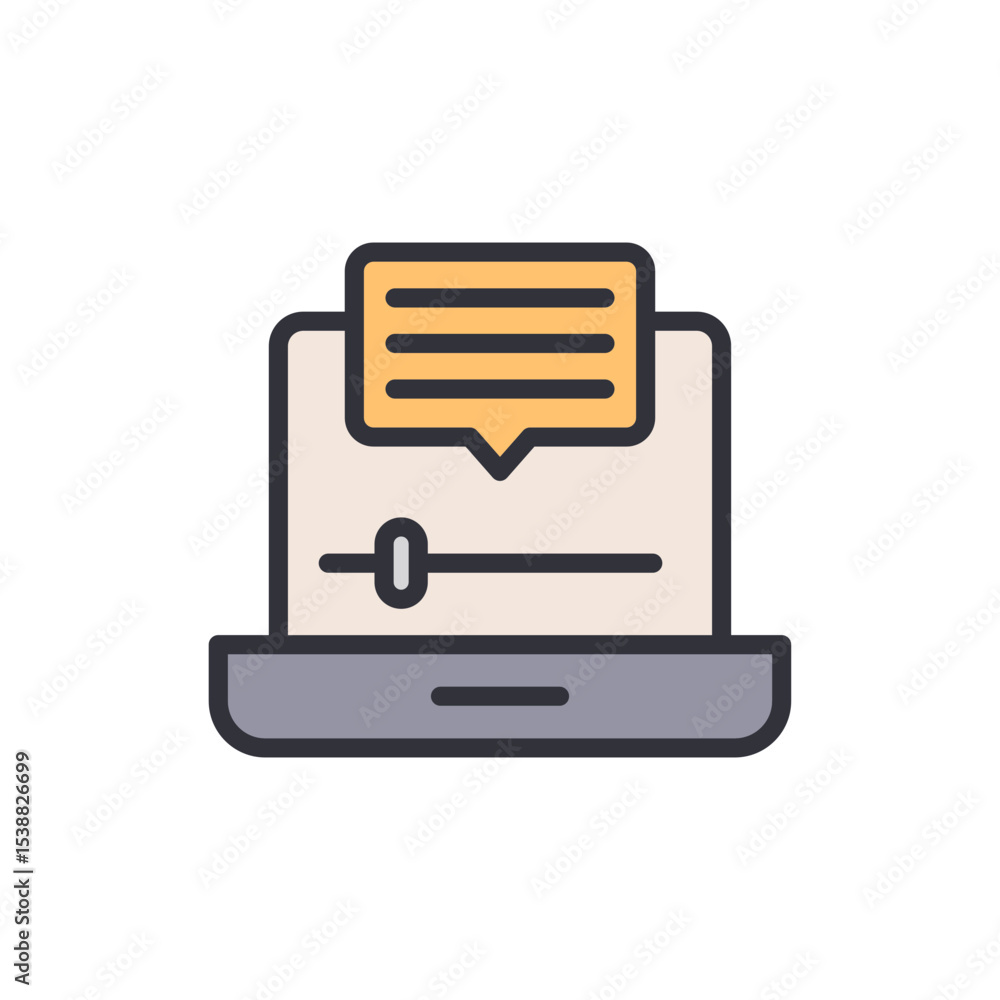 Poster laptop with message bubble and volume control communication concept