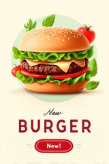  Hamburguesa brillante con lechuga fresca, tomate y queso derretido en pan con sésamo, acompañada de texto promocional sobre fondo beige.
