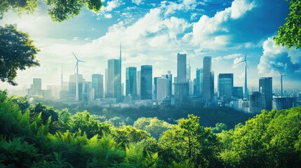 Lush Greenery Overlooking Modern Urban Skyline with Wind Turbines and Clear Blue Sky