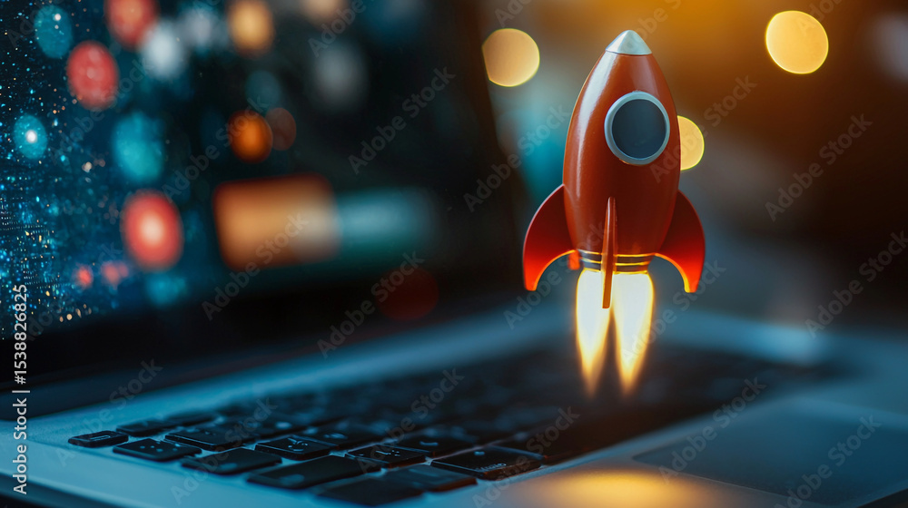 Poster red rocket launching from a laptop keyboard with screen displaying stars and blurred lights behind