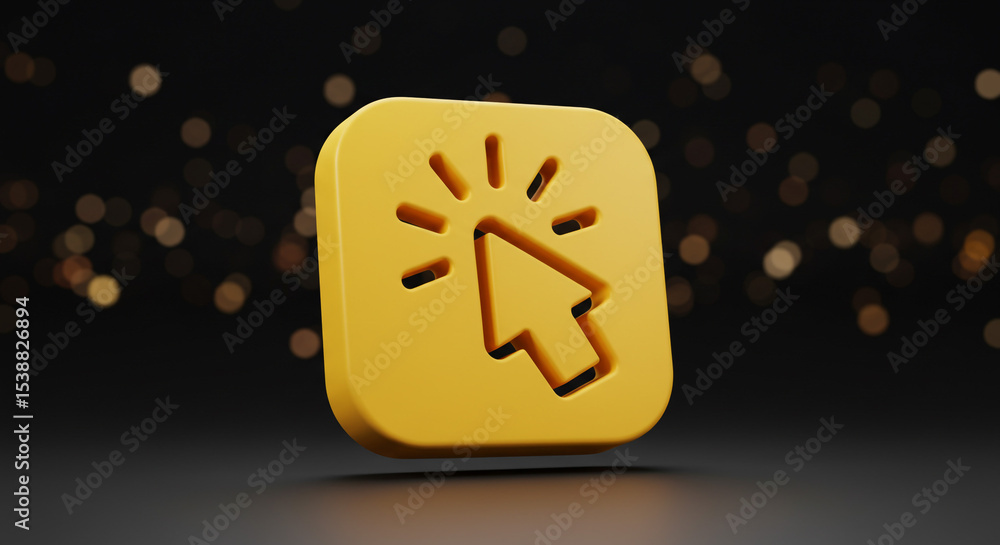 Poster a yellow square icon with a mouse pointer on it and a black background with bokeh effect lights behi