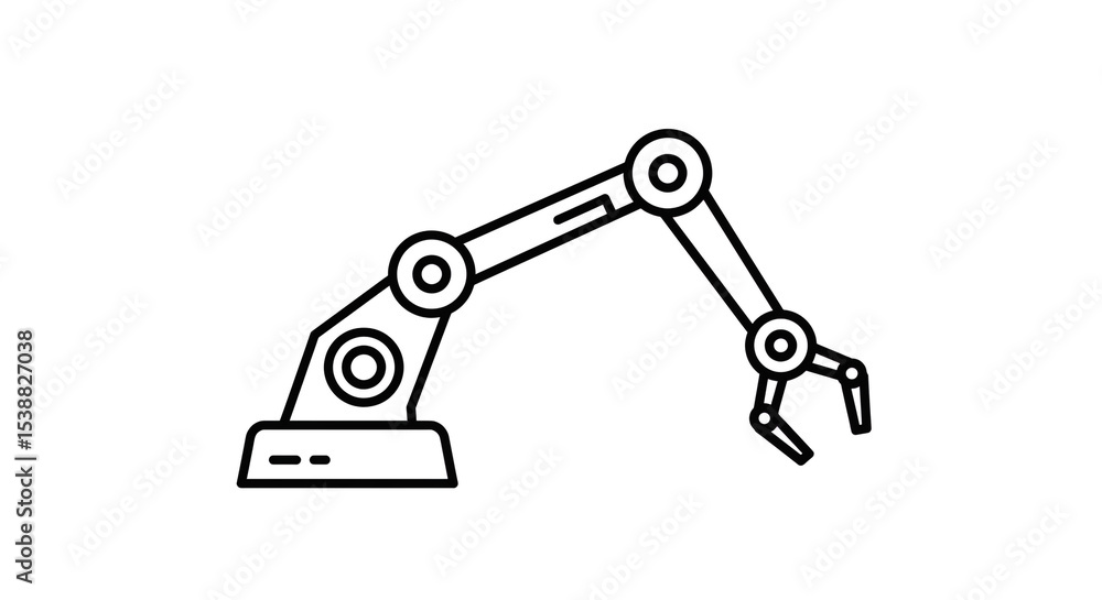 Poster a simple black outline drawing of a robotic arm with a gripper on a plain white background image des