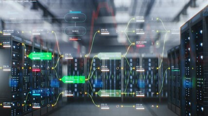 Modern Data Technology Center with Server Racks in Big Storage with VFX Animation. Animated Visualization of Diagrams of Internet Traffic on Servers. Digitalization and Internet of Things Concept. - Powered by Adobe