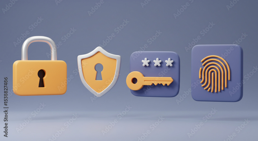 Poster a close up of security icons including a padlock shield key and fingerprint on a gray background