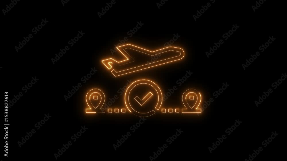 Poster airplane flight route with checkmark icon animated in glowing neon line art style