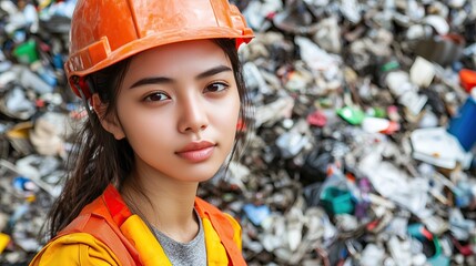 Worker in hardhat amidst refuse Recycling and responsible waste management concept