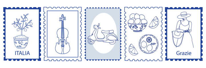 Hand drawn Italy postcard stamps. Vespa scooter, violin, lemons plant, fashion woman, lemon pot. Italian travel elements. Vector doodle sketch illustration.