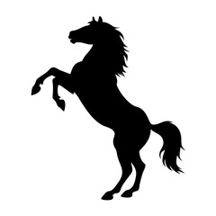 A black silhouette of a horse rearing up on its hind legs, mane and tail flowing dramatically. The horse's front legs are raised high, and its head is slightly tilted, conveying energy and power. The 