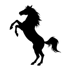 A black silhouette of a horse rearing up on its hind legs, mane and tail flowing dramatically. The horse's front legs are raised high, and its head is slightly tilted, conveying energy and power. The 