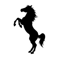 A black silhouette of a horse rearing up on its hind legs, mane and tail flowing dramatically. The horse's front legs are raised high, and its head is slightly tilted, conveying energy and power. The 