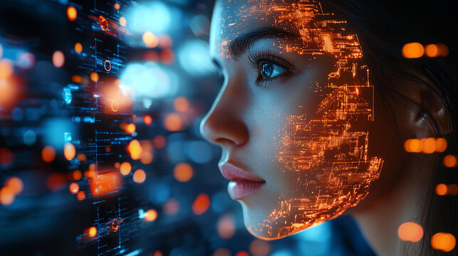 Close up of a woman's face with digital overlay and blurred lights in the background creating a futuristic look