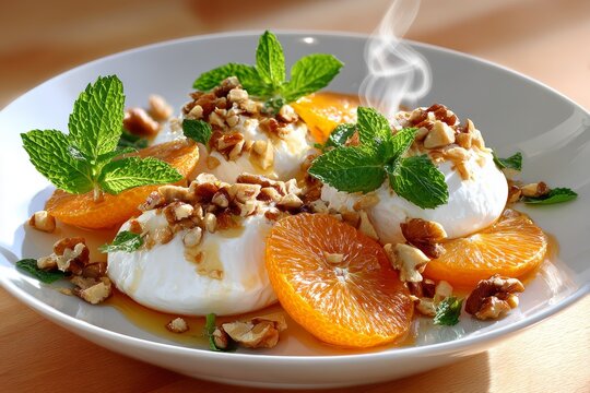  Plato de ricota o reques&oacute;n caliente con rodajas de naranja, nueces picadas y hojas frescas de menta. El vapor indica que est&aacute; reci&eacute;n hecho.
