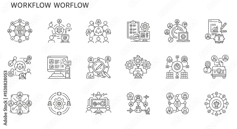 Aufkleber illustration of workflow and business process management icons in a line art style on a white backgr