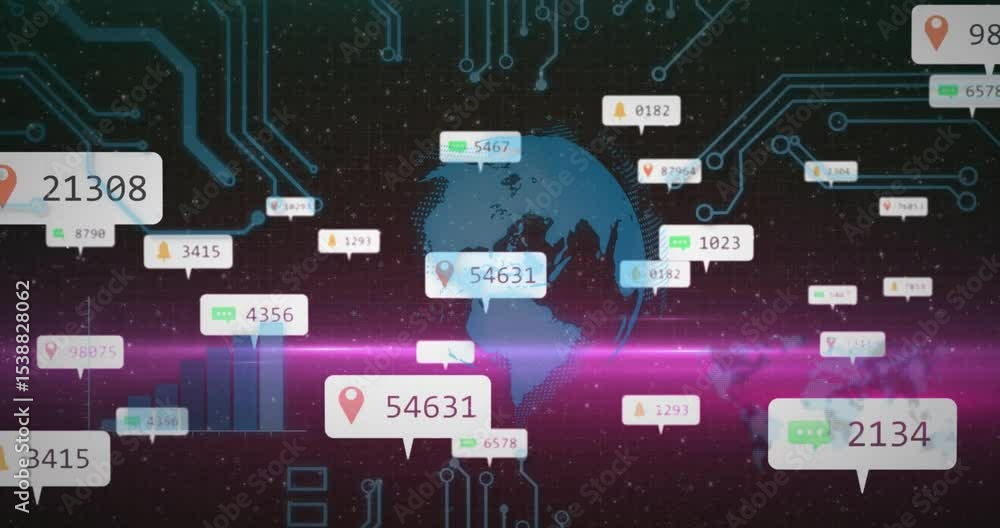 Poster on load rotating globe showing floating data tags updating counts, rising chart visualizing data
