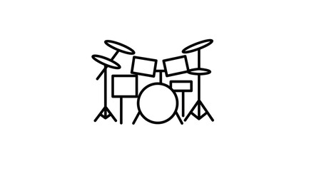 A simple black and white line drawing of a drum set with cymbals and various drums on a white background