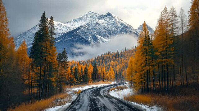Winding road through autumn forest, snow-capped mountains