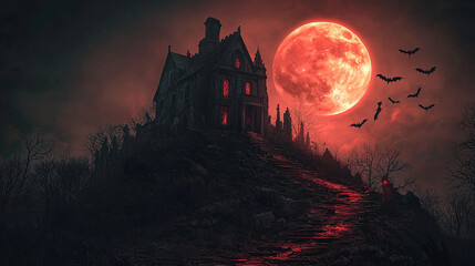 A spooky mansion on a hill under a large red moon with bats flying in the night sky halloween scene