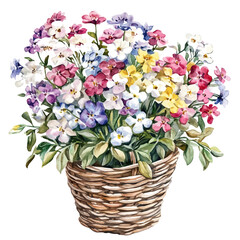 A Iberis Flower Basket, watercolor drawing vector, isolated on a white background.
