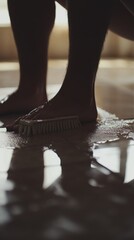 Silhouetted legs and bare feet scrub a wet floor with a brush.  Reflective, dark, and intimate