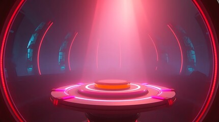 Abstract illustration featuring a red platform with white lights and a spotlight.