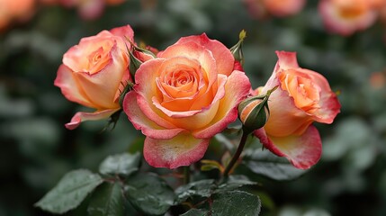 Orange-peach roses in a garden