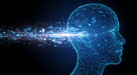 Digital head with data stream and financial symbols