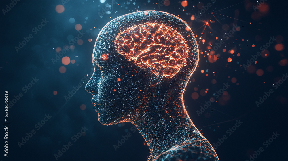 Aufkleber digital representation of a human head with glowing brain and network connections visible in the dar