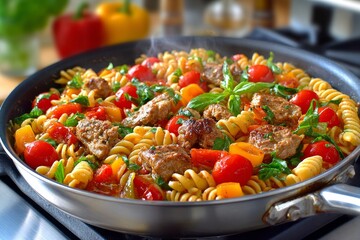  Fusilli con albóndigas de carne, tomates cherry y pimientos, todo salteado con albahaca en sartén caliente.
