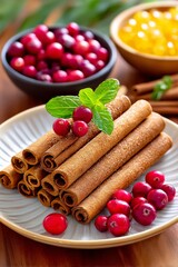  Plato con rollos de canela rodeados de arándanos rojos frescos, hojas de menta y canela en rama.
