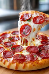  Pizza caliente con abundante pepperoni y queso derretido estirándose al levantar una porción.
